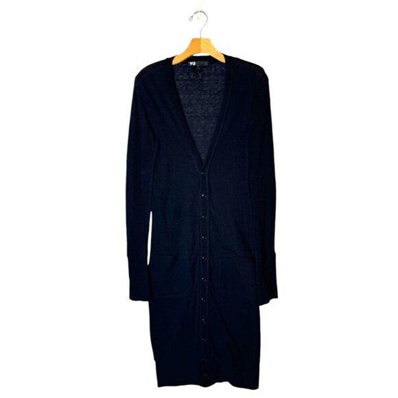 Y3 Yohji Yamamoto Adidas Sweater Women Small Black Cotton Wool Duster‎ Cardigan - Picture 1 of 8
